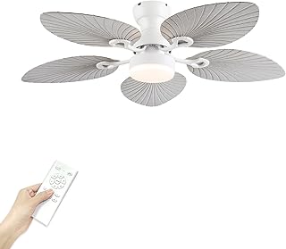 52inch Palm Leaf Ceiling Fans with Light Outdoor Tropical Ceiling Fans with Remote Timer Hand Carved 5 Blades DC Reversible Noiseless motor 6 Speeds Low Profile for Patios Living room Bedroom