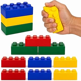 Building Block Stress Relief Toys for Kids, Set of 12, Stacking Construction Foam Squeeze Toys in 4 Vibrant Colors, Birthday Party Favors, Goodie Bag Fillers Office Gifts Sensory Fidget