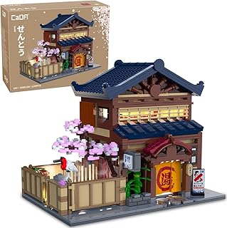 C66012W Japanese Hot Spring Hotel Building Block Model, 1249 Pieces of Japanese-Style Architecture, Cherry Blossom Garden with Led Warm Light, Collectible Assembly House (C66012W)