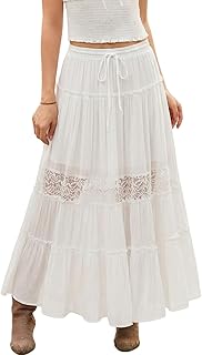 Women's Boho Maxi Skirts Flowy Lace Tiered Long Renaissance Skirt with Pockets