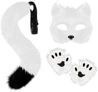 Furry Fox Wolf Cosplay Set with Mask Tail Paw Gloves, Animal Cosplay Costume Kit for Anime Fancy Dress Accessories Halloween Christmas Dress Up Carnival Role Play Party Supplies, White