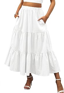 Women’s Summer Boho Flowy Swing Tiered A-Line Maxi Skirt 2026 Fashion Trendy Elastic Waist Pleated Long Beach Dress