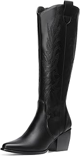 Womens Cowboy Boots Wide Calf Comfortable Pull On Zipper Chunky Heel Pointed Toe Embroidered Western Cowgirl Knee High Boots Ladies Retro Tall Boot