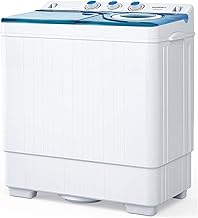 Compact Twin Tub Portable Mini Washing Machine 26lbs Capacity, Washer(18lbs)&Spiner(8lbs)/Built-in Drain Pump/Semi-Automatic (White&Blue)