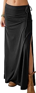 Womens Maxi Skirts High Waisted 2026 Summer Boho Floral Beach Flowy Side Slit Long Skirt with Adjustable Drawstring