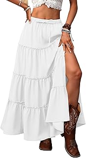 Women's Summer Slit Tiered Maxi Skirt - Boho A-Line Elastic Waist Long Skirts with Pockets