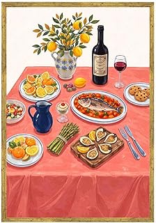 Framed Mediterranean Dinner Table Canvas Print Vintage Minimalist Aesthetic Poster Wall Art for Kitchen Home Decor, Exquisite Wall Decor Painting Pictures for Dining Room Decoration (16L"x24W",Gold Framed)