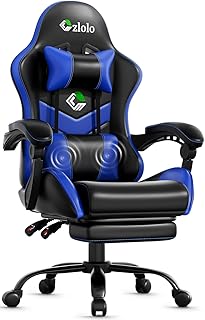 Czlolo Gaming Chair with Footrest Racing Style Lumbar Support Massager Video Game Chair with Metal Legs, High Back Gamer Chair with Headrest, 360° Swivel Office Computer Desk Chair, Bright Blue