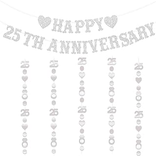 25th Anniversary Decorations, Silver Glitter Happy 25th Anniversary Banner with 25 Diamond Heart Garland, Just Married 25 Years Ago, We Still Do 25th, 25 Years Blessed & Loved Party Decorations