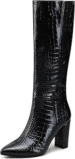 Knee High Women's Riding Boots - Tall, Long Calf High GoGo Chunky Faux Crocodile Boots - Block Heel Pointed Toe - Size 6-11
