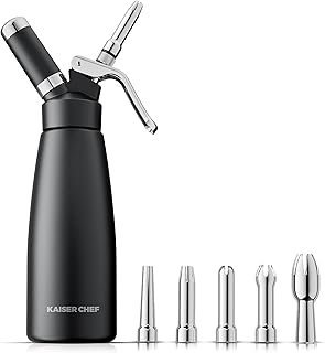 Professional Aluminum Whipped Cream Dispenser - 500 mL/1 Pint,Leak-Free Whipped Cream Maker Canister with 5 Decorating Nozzles & Cleaning Brush - for Desserts, Coffee Foam & Cold Foam (Black, 500ml)