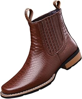 Men's Crocodile Pattern Leather Pull-On Chelsea Boots Classical Round Toe Block Heel Elastic Lightweight Comfortable Casual Western Cowboy Riding Boots