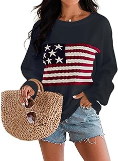 Womens American Flag Sweater Knit Long Sleeve Crew Neck Graphic Elegant Soft Loose Pullover