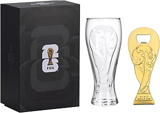 Official FIFA World Cup 2026 Edition - 17oz Pilsner Beer Glass & 6-Inch Trophy Bottle Opener Gift Set - 1 of Each - Perfect for Parties, Mancaves, Gamedays, Tailgates, BBQ’s - Collectors Drinkware Set