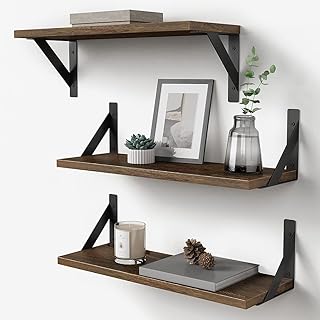 Forbena Rustic Floating Book Shelves for Wall Set of 3, 17 Inch Wood Wall Bookshelf for Bedroom, Wooden Wall Mounted Hanging Shelf for Office Living Room Bathroom Decor Pictures Books (Dark Brown)