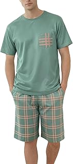 Mens Pajama Set Summer Sleepwear Short Sleeve Loungewear Lightweight Soft Nightwear Shirts Plaid Shorts with Pockets
