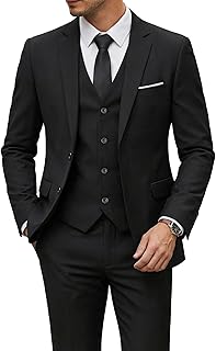Men's 3 Piece Suit Set with Tie, 2 Button Slim Fit Solid Blazer Jacket Vest Pants, Business Wedding Party Suits for Men