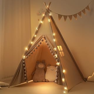 RONGFA Kids Teepee Tent with Lights &Large Pompoms & Carry Bag, Machine Washable Tent for Kids Indoor, Toddler Teepee for Girls & Boys（Without Mat）