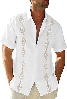 Men Linen Cuban Guayabera Shirts Short Sleeve Button Down Cotton Hippie Summer Mexican Beach Wedding Shirt