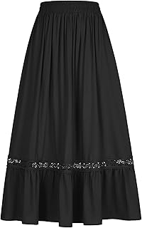 Womens Renaissance Skirt,High Waisted Boho Tiered Maxi Skirt with Pockets,Lace Flowy Pirate Fairy Medieval Costume
