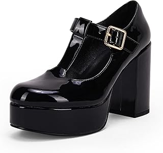Womens' T-Strap Round Toe Chunky Platform Heels Patent Mary Jane Dress Shoes