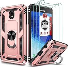 for Galaxy J7 2018/J7 V/J7 Star/J7 Refine 2018 Case, with [3X Tempered Glass Screen Protector], Built-in Ring Kickstand and Magnetic Car Mount Shockproof Dropproof Cover for Galaxy J7 (2018)-Rose Gold