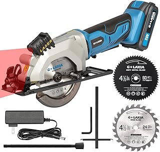 Mini Circular Saw, 4-1/2"" 3400RPM Cordless Circular Saw with Laser Guide, Rip Guide, Compact Hand Saw with 2Pcs blades(24T+60T), Max Cutting Depth 1-11/16""(90°), 1-1/8""(45°), Blue