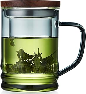 Unbreakable Glass Tea Cup with Infuser and Lid 14.5 fl oz, Heat Resistant Borosilicate Glass Tea Infuser Mug for Blooming and Loose Leaf Tea, Gas Stovetop Safe