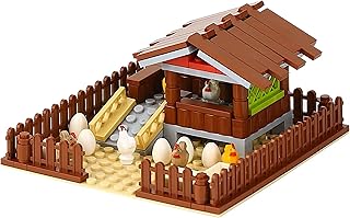 Chicken Coop Hen House Modular Building Block Brick Set 122 Piece Set or Addition to Rural Farm Scene Set with All Accessories Shown for Teens and Adults.