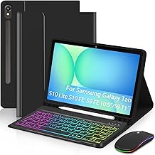 EAMPANG Case with Keyboard Mouse for Samsung Galaxy Tab S10 Lite/S10 FE 5G/S9 FE 10.9 Inch/S9 11 Inch,7 Color Rainbow Backlit Detachable USB-C Keypad Magnetic Cover with Pencil Holder Black