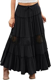 Women's Boho Maxi Skirts Flowy Lace Tiered Long Renaissance Skirt with Pockets