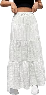 Women's Tiered Layer Ruffle Hem Maxi Skirts Low Waist Woven Casual Flowy A Line Skirt
