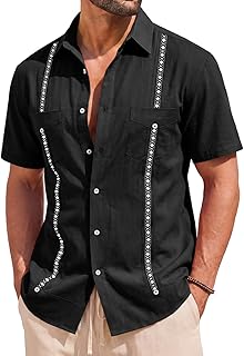 Mens Cuban Guayabera Linen Shirts Button Down Short Sleeve Cotton Shirts Casual Hippie Summer Beach Tops with Pockets