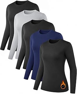 5 Pack Long Sleeve Thermal Shirts for Women Ultra Soft Fleece-Lined Crew Neck Workout Baselayer Tops
