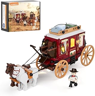 Western Stagecoach Lighting Building-Bricks Set - Old West Carriage and Horse 293 Pcs Collection Display Set for West Lovers
