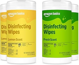 Amazon Basics Disinfecting Wipes, Lemon & Fresh Scent, Sanitizes, Cleans, Disinfects, Deodorizes, 340 Count (4 Packs of 85), Packaging May Vary