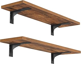 HOOBRO Floating Shelves for Wall, 15.7" Wall Mounted Shelves Set of 2, Hanging Storage Shelf with Metal Brackets, Wooden Shelf for Living Room, Bedroom, Bathroom, Rustic Brown and Black BF42BJP201G1