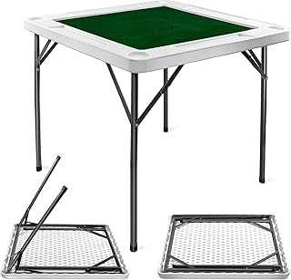Card Table 35.4" Square Folding with Green Felt, Chip Trays and Cup Holders, Portable Mahjong Domino Table for 4 Players