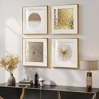 4 Pcs Framed Modern Gold and White Wall Art, Luxury Minimalist Canvas Pictures Prints, Geometric Painting Artwork Home Decoration for Hallway, Bathroom, Dining Room and Living Room