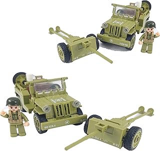 WW2 US Army 4x4 Vehicle & Artillery Set Army Green Military Trucks with Tow Cannons, 2 Figures & Custom Weapons Brick Building Set for All Building Levels Compatible with Major Brands