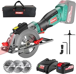 HYCHIKA Cordless Circular Saw, 18V Mini Circular Saw with 4.0Ah Battery, 3 Blades(4-1/2",4-9/10"), 3500RPM Max Cuting Depth:90°(48mm)/45°(32mm), Compact Circular Saw for Wood, Plastic and Soft Metal