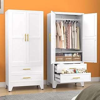 erosoei Metal Armoire Wardrobe Closet, 71 "Metal Clothing Storage Cabinet with Adjustable Shelves and Hanging Rod, Household Steel Wardrobe Storage Cabinet with Drawers (armoire-White)