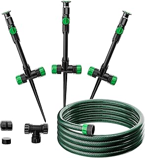 RESTMO Flexible Sprinkler System with Metal Spike Base, Above Ground DIY Irrigation Kit, Multi-Adjustable Lawn Sprinkler Set, Ideal for Plant and Flower Bed Watering, 30ft Garden Hose Included, Green