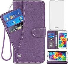 Compatible with Samsung Galaxy S5 Wallet Case and Tempered Glass Screen Protector Flip Cover Card Holder Stand Cell Accessories Phone Cases for Glaxay S 5 Neo Gaxaly 5S Galaxies GS5 G900A G900T Purple