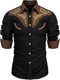 Men's Western Cowboy Shirt Embroidered Button Down Long Sleeve Shirts