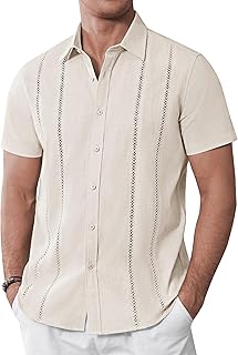 Men's Cuban Guayabera Shirts Cotton Linen Short Sleeve Button Down Shirts Casual Summer Beach Camp Shirt