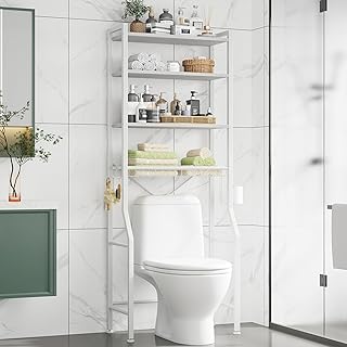 DUMOS Over-The-Toilet Storage Rack, 4-Tier Freestanding Bathroom Organizer Shelf Over Toilet with Adjustable Shelf and Basket, Space Saver Above Toilet Storage Cabinet with 3 Hooks for Rooms, White