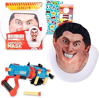 Costume Set - Bundle with Ultimate Jumpscare Mask and Plunger Blaster for Dress Up Cosplay Plus Stickers, More | Skibidi Toilet Costume Accessories Pack