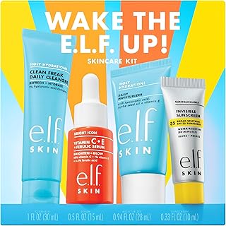 SKIN Wake the e.l.f. Up Skincare Kit, Travel-Size Hydrating Face Cleanser, Sunscreen, Moisturizer & Brightening Serum, Vegan & Cruelty-Free