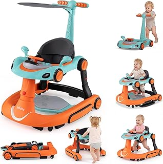 INFANS 6-in-1 Foldable Baby Walker, Converts Push Car to Bouncer, Rocker with Music, Lights, Adjustable Height & Speed, Activity Center, Canopy for 7-18 Months (Orange)